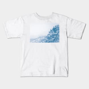 Winter Snow on Mountain Forest in Fog Kids T-Shirt